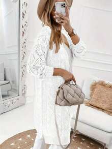 Áo khoác cardigan dệt kim dài tay màu trơn dáng rộng cho nữ cỡ lớn - Cúc cài phía trước, màu trắng, mùa xuân - trắng - Xem 2