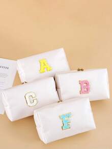 1 Piece//2pcs/4pcs Waterproof Cute Women Makeup Bag For Teen Girls Preppy Chenille Letter Patches SKIN HAIR FACE BATH STUFF Travel Cosmetic Pouch Skincare Face Initial Cosmetic Bag Toieltry Bag Hair Products Stuff Pouch - Beige - View 10
