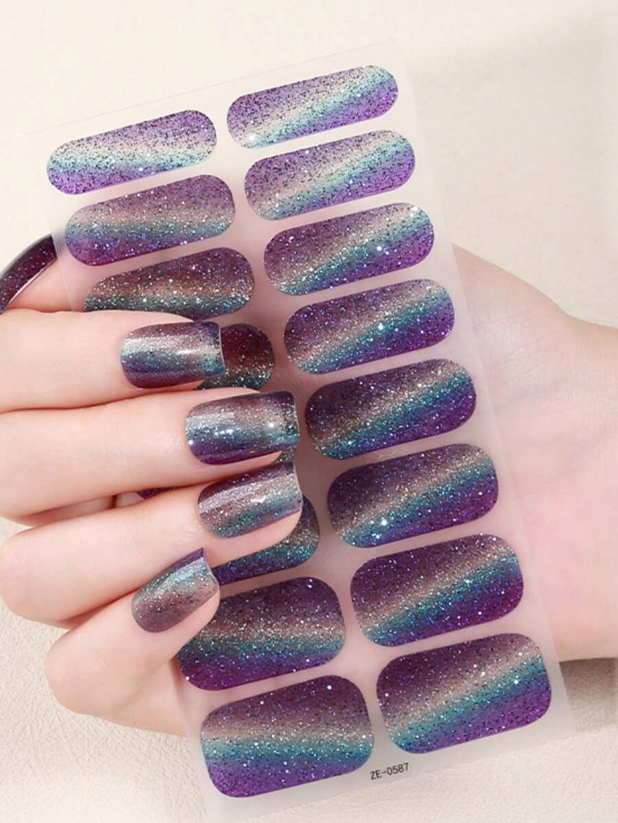 Blue Glitter Cat Eye Press-On Nails, Iridescent Magnetic Nail Strips With Chrome Powder, DIY False Nails For Women, Long-Lasting Manicure Kits (Ocean Sparkle Design) - 藍色 - 查看 1