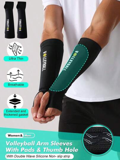 زوج من أكمام الذراع للكرة الطائرة مع وسادات وفتحة للإبهام، إصدار مكبر من أربطة الذراع، أكمام الساعد للتمرير والضرب، مناسبة للكرة الطائرة والرياضات للرجال والنساء - أسود