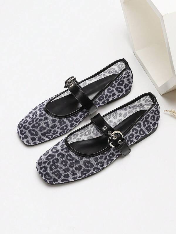 Women's Flat Shoes Breathable Mesh Flat Shoes Sexy Leopard Print Black & White Square Toe Mary Jane Ballet Flats, Comfortable Versatile Casual Shoes Suitable For Daily Wear, Dates, Festivals, Parties