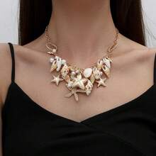 Summer Beach Shell Necklace For Women, Faux Pearl Starfish Conch Jewelry, Ocean-Inspired Seashell Accessories, Chic Beachy Pendant Necklace, Tre Ndy Summer Coastal Ornament, Imitation Pearl & Shell Fashion Piece, Boho-Style Sea-Themed Necklace, Vacation-Ready Beach Jewelry, Delicate Seaside Charm Necklace, Gift For Beach Lovers/Fashionistas. - 金色 - 查看 3