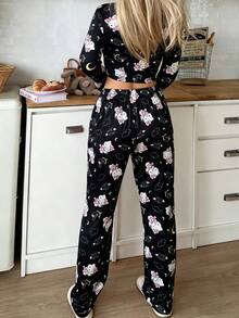 2件套女士圆领短款印花长袖上衣+松紧腰裤可爱家居服套装，秋冬服装 - 黑色 - 查看 4