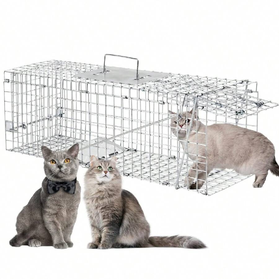Trampa para Animales Vivos, Trampa para Gatos con Puertas, Jaula de Trampas Trampa Jaula Acero Plegable - Plateado - Ver 1