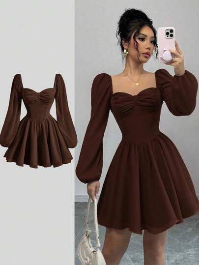 Vestido corto de manga larga para otoño con escote corazón de encaje con lazo en una línea, bonito vestido de fiesta corto informal para mujer
