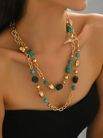 1pc Sexy Fashion Bohemian Multi-Color Corn Chain Necklace, New Added Faux Pearl Heart Pendant Necklace, Multi-Heart Double Layer Necklace, Multi-Color Resin Block With CCB Gold Chain Necklace, Four-Leaf Five-Leaf Clover Silver Chain Necklace, Imitation Turquoise Bead & Glass Bead 3-Layer Necklace, Rhinestone Decorated Gold Chain Double Layer Necklace, Minimalist Luxury Suitable For Any Outfit, Ideal Daily/Holiday Gift For Women