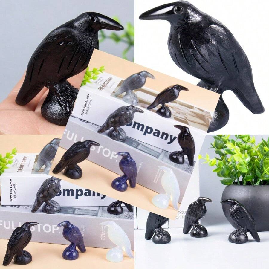 Natural Black Obsidian Raven Figurines2 Inch Healing Crystal Animal Statues Lucky Guardian Pocket Crow Figurines As Women S Gifts Raven Statues For Office Home Decor And Ornament. - màu đen - Xem 1