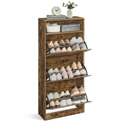 " Shoe Cabinet 3 Flip Doors, 4 Tier Shoe Rack, With 1 Open Compartment, Adjustable And Removable Divider, For 14-18 Pairs Shoes, For Narrow Entrance, 24 X 60 X 130 Cm, Rustic Brown