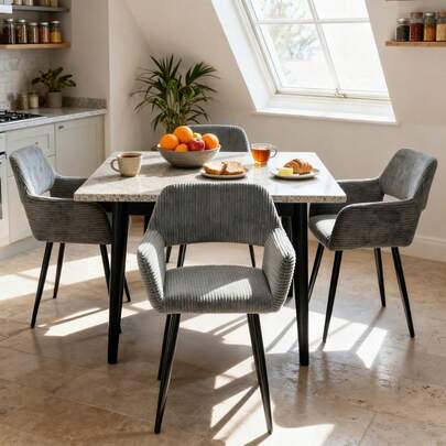 Meubles Cosy Zestaw 4 krzeseł kuchennych z kordu skandynawskiego z metalowymi nogami, wyściełanym, otwartym oparciem, regulowanymi płozami, miękką teksturowaną tkaniną, szary fotel akcentowy