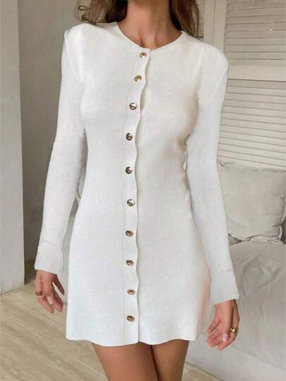 Vestido ceñido de punto acanalado de manga larga, diseño elástico blanco elegante de primavera