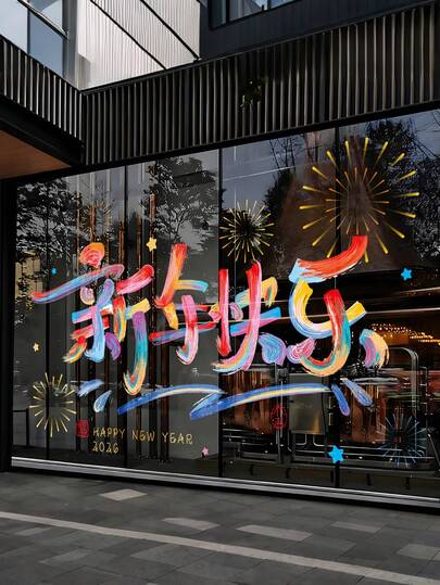 1张 2026 你好 新年快乐 窗贴 窗户装饰贴纸 家居新年贴纸 玻璃贴纸，春节装饰窗贴