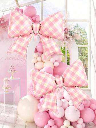 1/2个粉色格子蝴蝶结铝箔气球，适用于生日派对装饰、订婚婚礼、新娘送礼会、公主派对、主题派对装饰、婴儿派对、蝴蝶结主题派对、拍照道具、周年纪念装饰