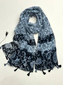 新款波西米亚印花围巾，轻盈透气流苏披肩，优雅女士防晒沙滩旅行围巾 - 灰色 - 查看 7