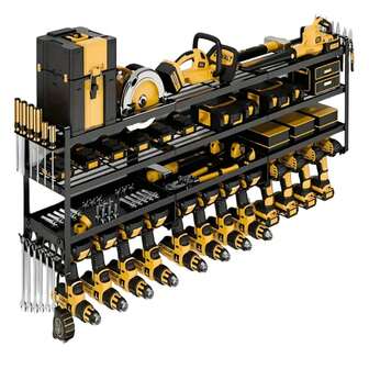 4-Tier Wall Mount Garage Tool Organizer, Heavy Duty Metal Rack With 12 Drill Holder, Space Saving Design