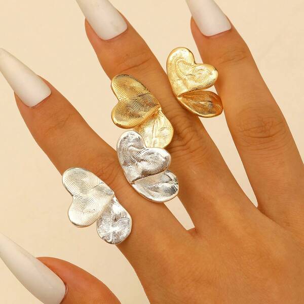 1pc Fashionable & Elegant Metallic Fingerprint Vintage Silver Heart Shaped Open Ring, Butterfly Design Stackable Rings For Women