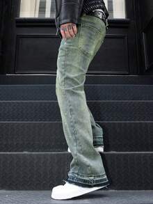 男士休闲水洗弹力喇叭牛仔裤 - 綠色 - 查看 5