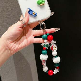 1条圣诞手机挂绳，带有圣诞老人和圣诞树图案，适用于手机挂绳/包包/钥匙/相机挂件