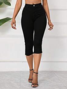 Capris negros ajustados e informales para mujer con bolsillos prácticos y bragueta con cremallera - Negro - Ver 3