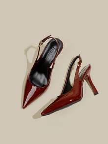 女士酒红色漆皮尖头小猫跟高跟鞋，优雅正式时尚闭趾搭扣派对礼服鞋，带踝带