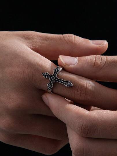 1 pieza Anillo vintage de hombre con textura de cruz y diseño geométrico