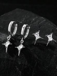 1 Pair Punk Minimalist Zirconia Lightning Stud Earrings, Hypoallergenic Fashion Unisex Earrings, Suitable For Christmas, Jewelry Gifts, Parties, New Year, Valentine's Day - Silver - View 2