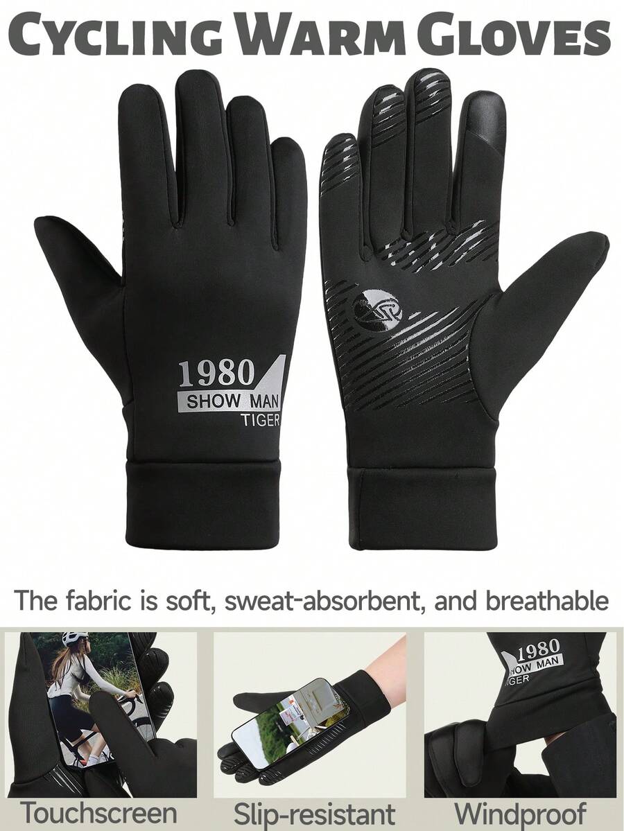1 par de guantes térmicos forrados para hombres, a prueba de viento y cálidos para uso en exteriores e interior durante el invierno, con capacidad táctil para pantallas, de unicolor y de dedo completo - Negro - Ver 1