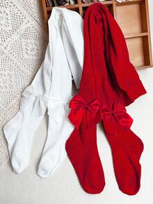 2pcs Children's Bow Decor Basic Tights, Sweet Style Red Leggings Suitable For Christmas - Red and White - View 9