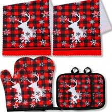6pcs/Set Christmas Snowman Thick Kitchen Oven Mitts, Heat Resistant Pads, Microwave Gloves, Baking Insulated Gloves, Christmas Reindeer Towels, Christmas Gifts