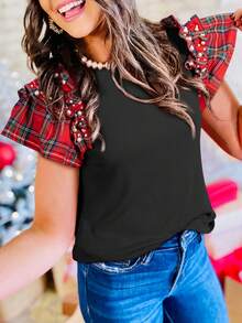 Acelitt Women's Christmas Racecar Red Grid Pearl Ruffle Hem Loose Short Sleeve T-Shirt, Winter - Black - View 1