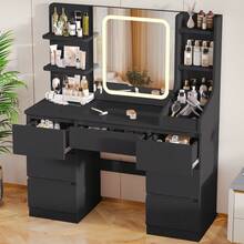 Devoko Vanity Unit With LED Lighting, 3-Stage Brightness Control, Vanity Unit With Adjustable Mirror, 7 Drawers And Open Shelves, Modern Wooden Dressing Table For The Bedroom, Stylish Contemporary Design, Stepless Dimming, White/Pink/Black - 黑色 - 查看 3