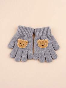 1 双儿童冬季保暖针织手指手套，男孩女孩可爱熊图案全指手套，适合 3-8 岁