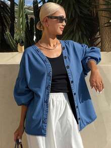 Livesso Casual Loose Button-Up Long Sleeve Denim Jacket For Women - Blue - View 1