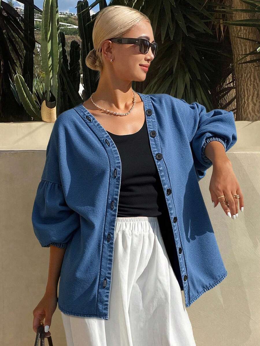 Livesso Casual Loose Button-Up Long Sleeve Denim Jacket For Women - Blue - View 1