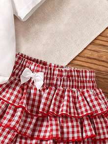 女童樱桃印花上衣和格子裙裤套装，夏季 - 白色 - 查看 5