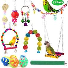 Combination Bird Toys Set Swing Chewing Training Toys Small Parrot Hanging Hammock Parrot Cage Bell Perch Toys With Ladder Toys(Random Accessory Color)