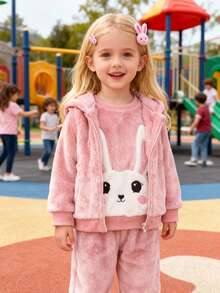 3 Stücke süßer Kaninchen Stickerei Fleece Langarm Top, einfarbige Hose und Kapuzen-Reißverschluss Weste Set, geeignet für Alltag und Outdoor, Herbst/Winter