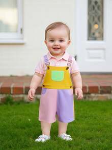 Toddler Boy Girl Overalls Shorts Contrast Color Sleeveless Suspender Romper with Adjustble Shoulder Strap - Rosa - Ver 4