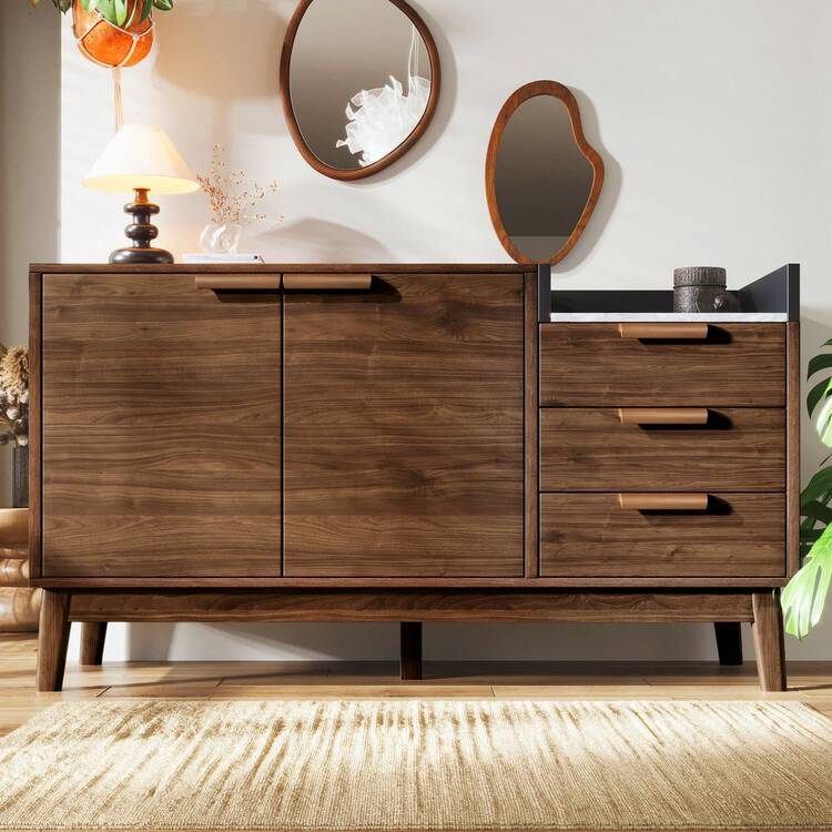 Living Room Cabinet With 3 Drawers + Cabinet In Oak Decor And Marble-Effect Top Adjustable Internal Compartments & Robot-Accessible Design Solid Wood Legs H77/W120/D40 Cm - 深橡木色 - 查看 3