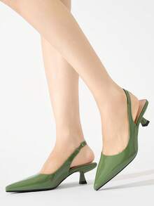 Women's Solid Color Pointed Toe Backstrap Kitten Heel Slingback Mules, Minimalist & Comfortable, Suitable For Everyday, Commute, Formal Occasions, Low Heel, PU Green Work Shoes, Autumn/Winter - Green - View 4