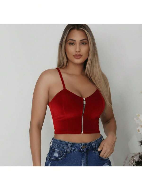 Cropped De Veludo Com Bojo e Zíper