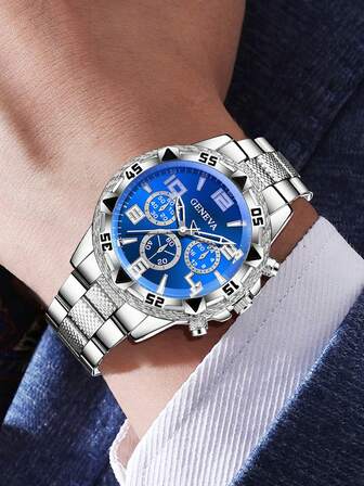 2 st/set herrklocka med silverfärgat armband, moderiktig, avslappnad affärsklocka, kvartsklocka med stor urtavla, lämplig för vardagsbruk, dekoration eller högtidsgåva