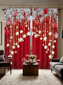 2 pièces Rideaux élégants avec motif d'étoile de boule de Noël rouge et or imprimé à plat, installation de tringle à poche, rideaux à impression numérique, matériau en polyester, convient pour le salon, la cuisine, la chambre, le bureau, la salle à manger, la décoration de la maison, la décoration de Noël