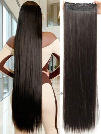 Syntetiska Långa Raka Frisyrer 5 Clip In Hårförlängningar 20Tum/40Tum/ Värmebeständiga Peruker Bruna Svarta