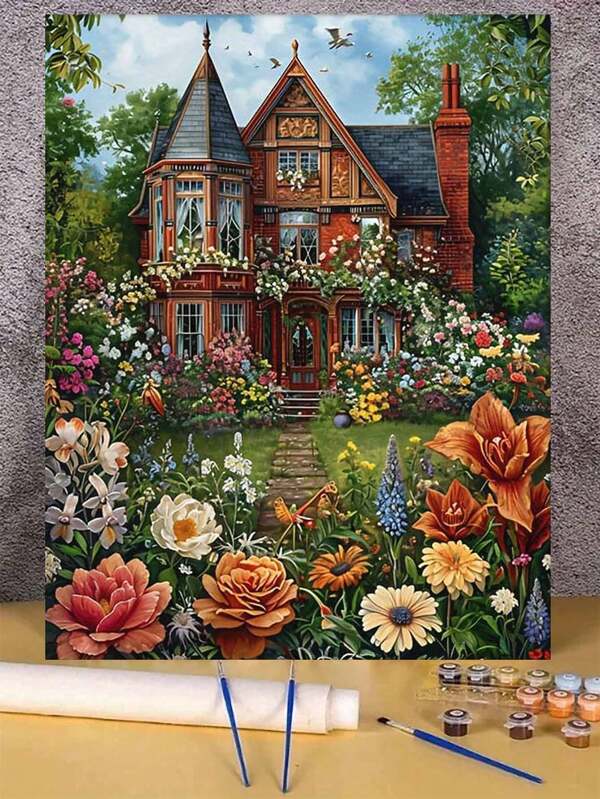 Victorian House & Floral Garden Canvas Paint By Numbers Kit For Adults - Frameless DIY Acrylic Painting By Numbers Set For Relaxation And Home Decoration - Ideal Gift For Mom, Grandma, Friends On Birthdays, Thanksgiving, Christmas