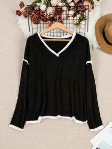 Plus Women's V-Neck Casual Solid Color Long Sleeved Sweater