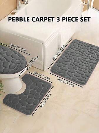 3-delat set med halkfria badrumsmattor med stenmönster. Inkluderar U-formad matta i flera storlekar. Tillverkad av vattentätt och mögelbeständigt material med 3D-halkfri botten. Lämplig för badrum, kök, balkong och andra våta utrymmen. Lätt att rengöra, snabbtorkande och hållbar, perfekt val för kvalitetsmedvetna hushåll.