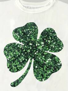 2025[St. Patrick's Day T-Shirt] Women's St. Patrick's Day Four-Leaf Clover Graphic T-Shirt - White Top With Green Glitter Print, Crew Neck Long Sleeve Shirt For Irish Parties, Everyday Fits - Machine Washable Casual Blouse, Seasonal Fashion, Playful Design, Durable Construction, Holiday Apparel, Party GoersSoft And Breathableoversized Hoodie, Sweatshirt 2025 - 白色 - 查看 4