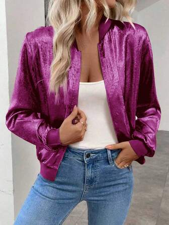 Women's Regular Fit Solid Color Zip-Up Baseball Jacket
