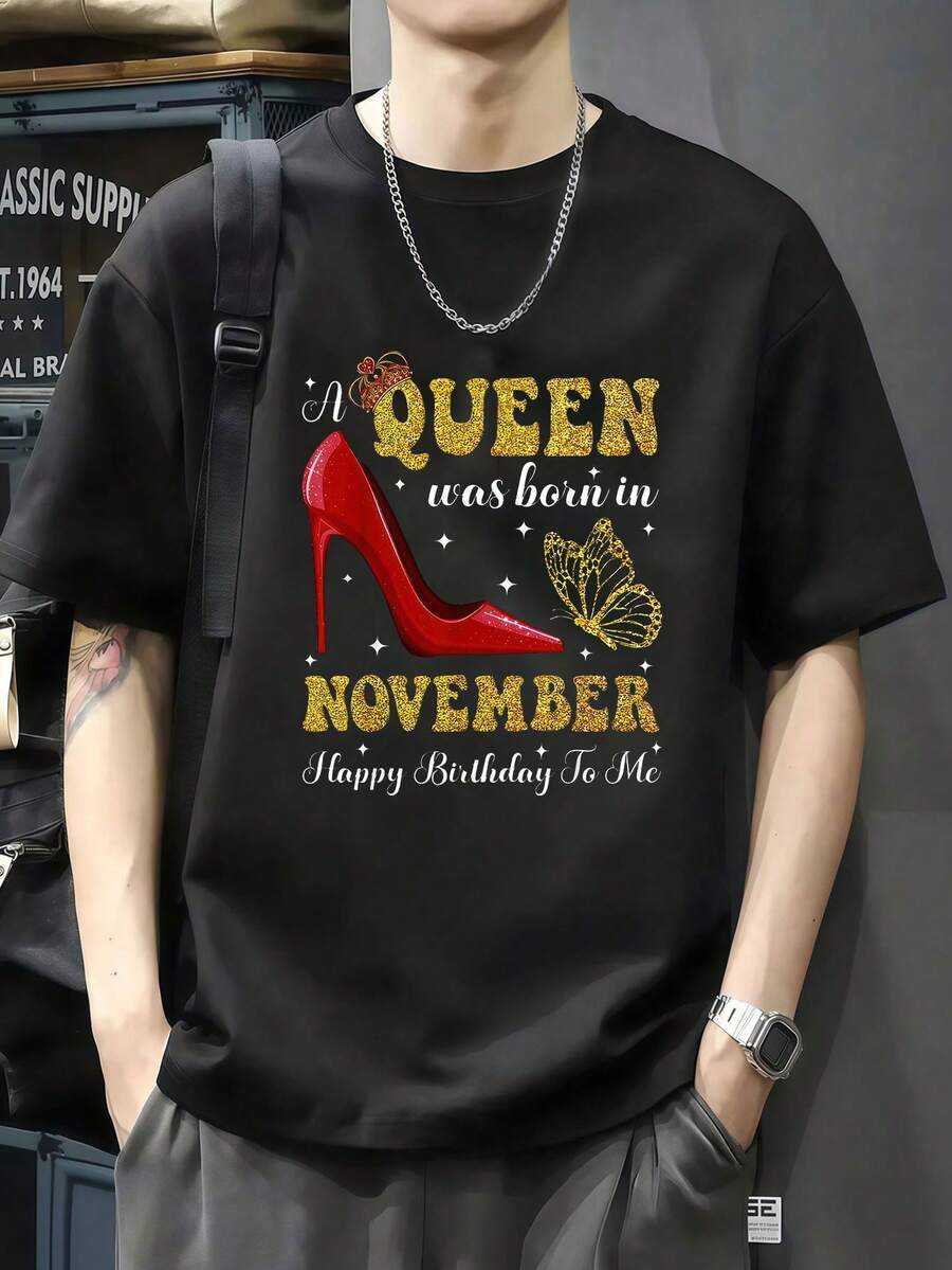 Camisetas de tacones altos rojos de la reina del cumpleaños de noviembre, camiseta casual de moda. Camiseta de manga corta de algodón de 220 g, impresión por una cara - Negro - Ver 1