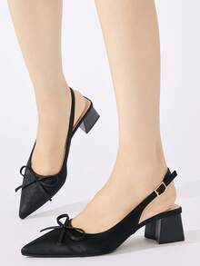 Giày cao gót hở mũi, mũi kín, hở gót, có nơ trang trí cho nữ, giày cao gót đế thô thoải mái, phù hợp cho trang phục hàng ngày, tiệc tùng, đám cưới, những dịp trang trọng, thích hợp cho mùa thu/đông, màu đen - màu đen - Xem 5